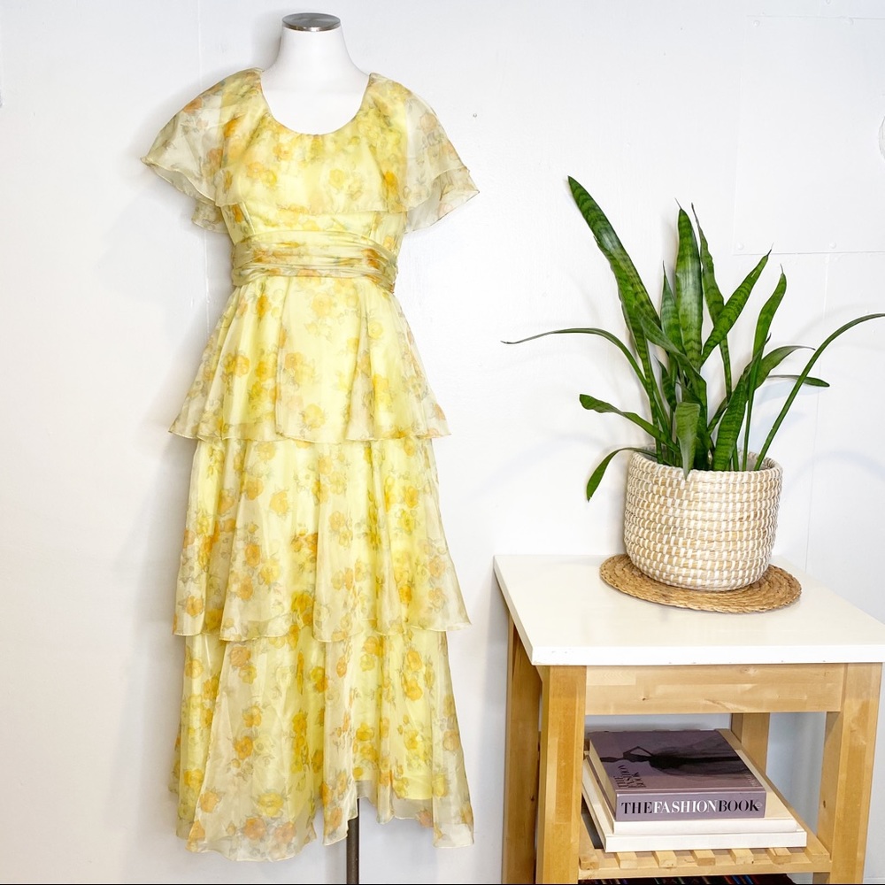 Vintage‎ | Sylvia Ann 1970's Yellow Floral Chiffon Ruffled Tiered Dress